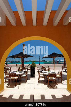 Open air restaurant, parasols, arch, marina, Hurghada, Egypt, Red Sea, Africa Stock Photo