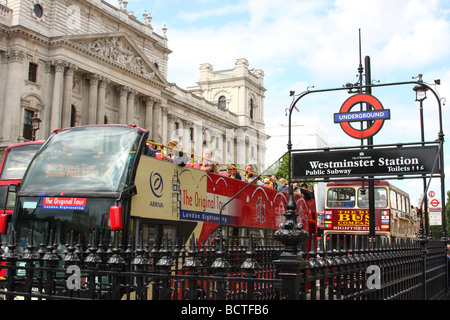 Open top sightseeing tour buses, Whitehall, Westminster, London, England, U.K. Stock Photo