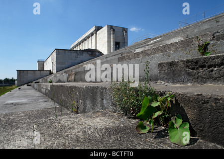 Plants growing on Adolf Hitler's tribune in front of the Zeppelinfeld field, Reichsparteitagsgelaende Nazi party rally grounds, Stock Photo
