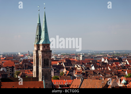 Church towers Sebalduskirche church, St. Sebald, roofs, historic city, Nuremberg, Middle Franconia, Franconia, Bavaria, Germany Stock Photo