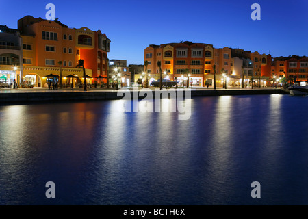 Illuminated houses with restaurants at marina, Hurghada, Egypt, Red Sea, Africa Stock Photo