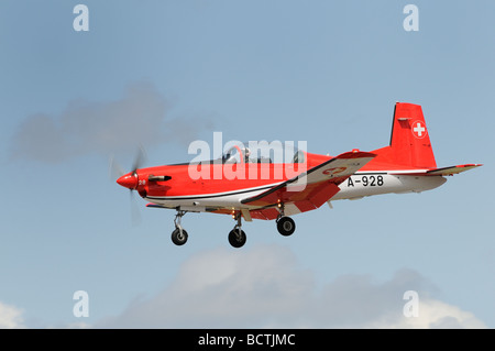 Swiss Air Force PC-7 Team trainer on final approach for a landing at RAF Fairford, Gloucestershire, England. Stock Photo