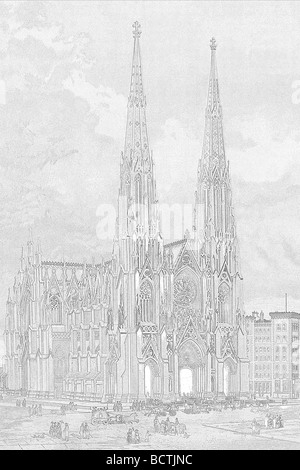 Sketch of The New St. Patrick's Cathedral, 5th Avenue, New York City, circa 1880 Stock Photo