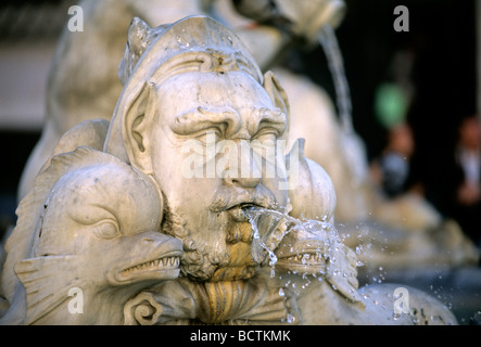 Fountain sculpture, sea creature with fish, Fontana del Moro Fountain, Piazza Navona, Rome, Lazio, Italy, Europe Stock Photo