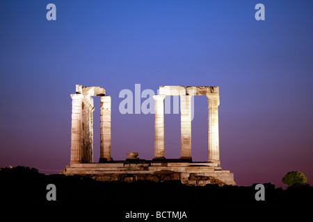 Temple of Poseidon at Sounion Greece lit up at night Stock Photo