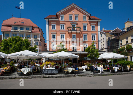 View of the hotel Reutemann with restaurant and sunshades, Lindau am Bodensee, Lake Constance, Bavaria, Germany, Europe Stock Photo