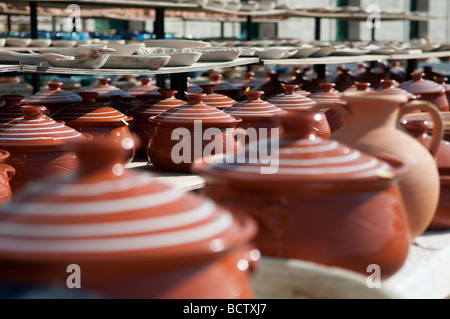 Ceramics and pottery for sale outside the mosque at the harbour in Chania, Crete, Greece. Stock Photo