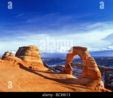 Delicate Arch, Arches National Park, in the back La Sal Mountains, Utah, USA Stock Photo