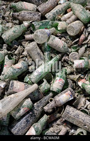 Bottles broken in public recycling materials Stock Photo