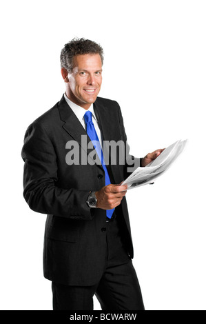 Smiling mature businessman reading news isolated on white background Stock Photo