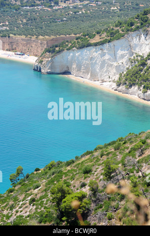 Europe Italy Puglia Region white cliffs and blue sea near Vieste Gargano Mountains Stock Photo