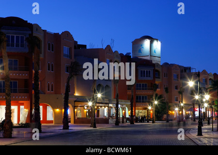 Houses with pubs, illuminated, evening, Marina, Hurghada, Egypt, Red Sea, Africa Stock Photo