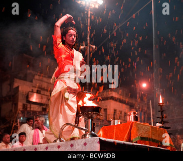 Ganga Aarti Evening Dawn Nightime Ceremony  At The Dasaswamedh Ghat Varanasi India Stock Photo