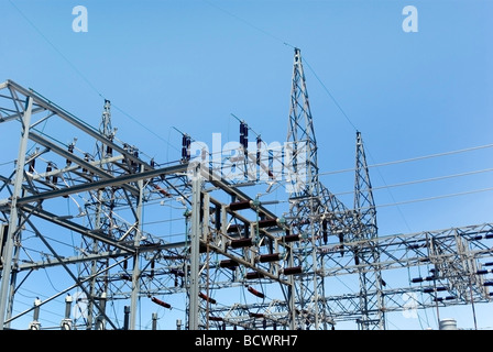 Electric power line substation connections Stock Photo