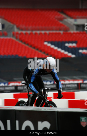 Britain's Sir Chris Hoy practising on the Race of Champions motor sport circuit within London's Wembley Stadium, December 2008. Stock Photo