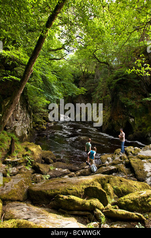 Visitors in the Fairy Glen Gorge Conwy River in summer July sunshine near Betws-y-Coed North Wales Cymru UK United Kingdom GB Stock Photo