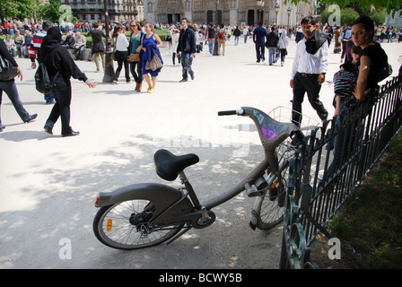 left Velib rental bicycle near Notre Dame Paris France Stock Photo