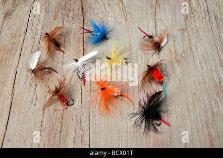 Fly fishing flies on wood Stock Photo