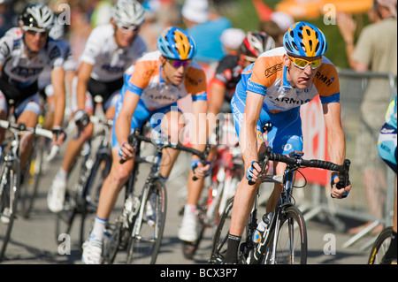 Le Tour de France 2009 entering Bourg St Maurice for the 16th stage, Bradley Wiggins to right Stock Photo