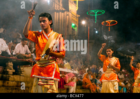 Ganga Aarti Evening Dawn Nightime Ceremony  At The Dasaswamedh Ghat Varanasi India Stock Photo