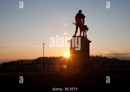 sir Francis drake statue at sunset silhouette. on the Hoe, Plymouth, Devon, England, UK Stock Photo