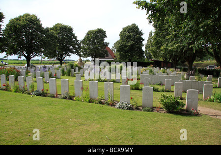 View over the headstones of the Essex Farm Commonwealth Cemetery, Ieper, Belgium. Stock Photo