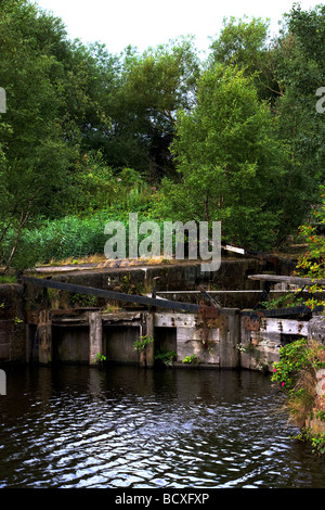 Old lock gates sit unused and deteriorating amongst the trees and weeds along the Manchester Ship Canal Stock Photo