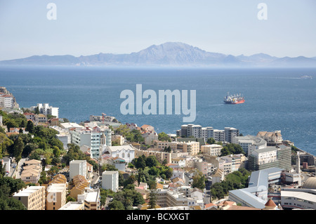 View of city and African Continent from cable car, Gibraltar Stock Photo