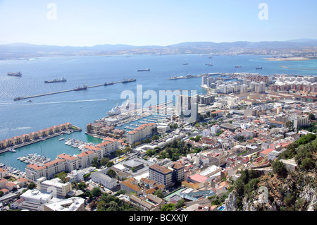 View of city and port from cable car, Gibraltar Stock Photo