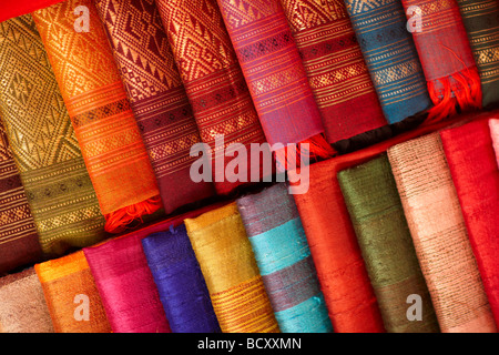 details of silk fabrics on sale in the Night Market, Luang Prabang, Laos