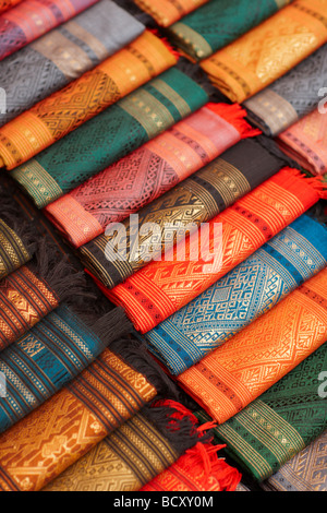 silk textiles for sale in the Night Market, Luang Prabang, Laos
