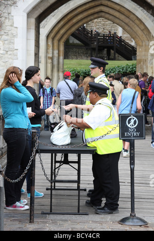 Bags being searched at a security point at the Tower of London, England, U.K. Stock Photo