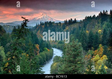 View of Mt hood and Hood River with fall color Oregon Stock Photo