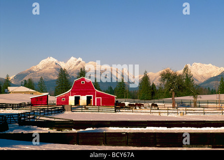 Red Barn on Farm, Golden Ears Mountain (Coast Mountains) near Fort Langley, Fraser Valley, British Columbia, Canada, Winter Snow Stock Photo