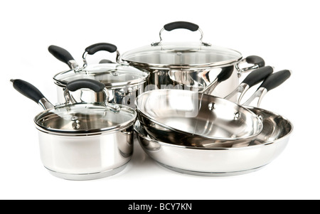 Stainless steel pots and pans isolated on white background Stock Photo