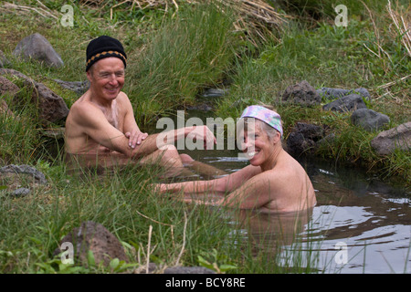RAFTERS enjoy a HOT SPRING on the banks of the wild and scenic OWYHEE RIVER EASTERN OREGON Stock Photo