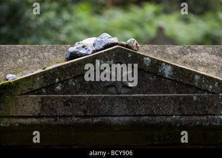 stones left by mourning visitors on tombstone at abandoned jewish cemetery, Essen-Kettwig, Germany Stock Photo