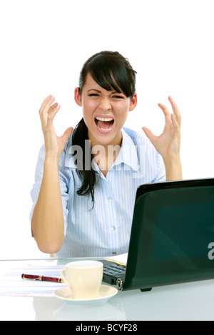 junge gestresste Geschaeftsfrau mit Laptop im Buero frustrated young businesswoman in the office Stock Photo