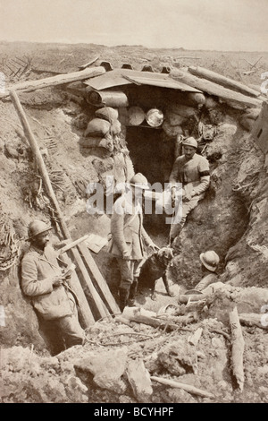 Soldiers and guard dog of a French observation post on the Chemin des Dames during Second Battle of the Aisne. Stock Photo