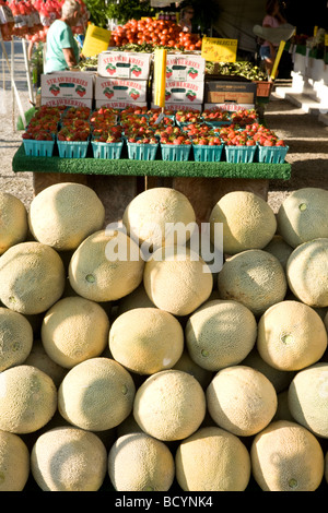 Melons strawberries tomatoes at a flea market in Shipshewana Indiana Stock Photo