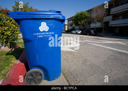 A Blue trash bin for the City of Los Angeles Bureau of Sanitation’s Solid Resources Citywide Recycling Program. Stock Photo