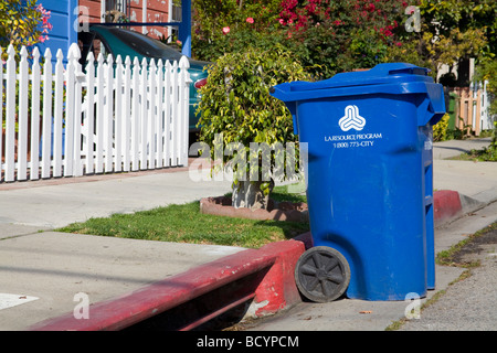 A Blue trash bin for the City of Los Angeles Bureau of Sanitation’s Solid Resources Citywide Recycling Program. Stock Photo