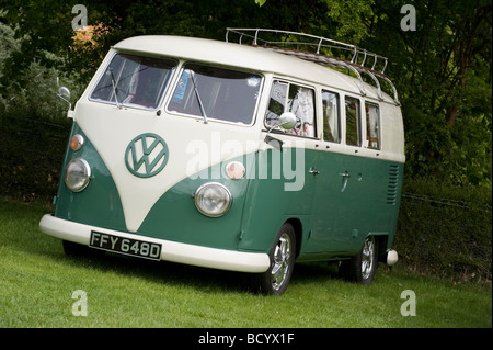 White and green volkswagen split screen camper van Stock Photo