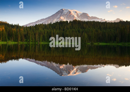 Sunrise at Mount Rainier from Reflection Lake, Washington State, USA Stock Photo