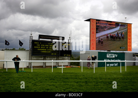 View of the big screen during the 2.10pm first race of the day at Glorious Goodwood, West Sussex. Stock Photo