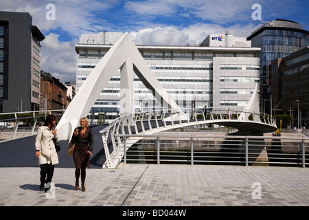 The Tradeston Pedestrian Bridge crossing the river Clyde locally known as the Squiggly bridge Glasgow Scotland 