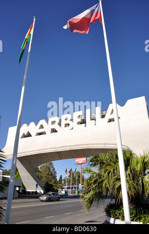 City entrance sign, Marbella, Costa del Sol, Malaga Province, Andalucia, Spain Stock Photo