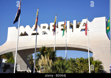 City entrance sign, Marbella, Costa del Sol, Malaga Province, Andalucia, Spain Stock Photo