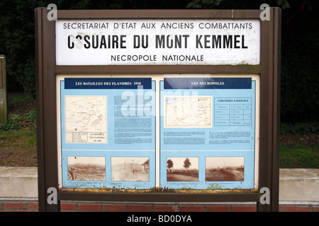 Information board at the entrance to the French National Cemetery & Ossuary, Mount (Mont) Kemmel near Ieper Belgium. Stock Photo