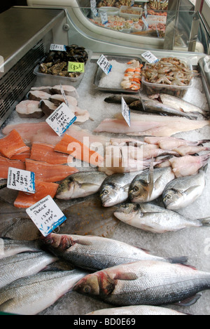fishmonger wet fish display counter Stock Photo - Alamy